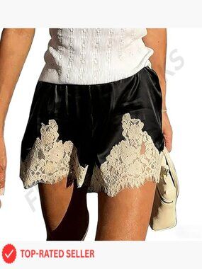 Satin Lace-Trim Sleep Shorts - Black with Cream Lace -57